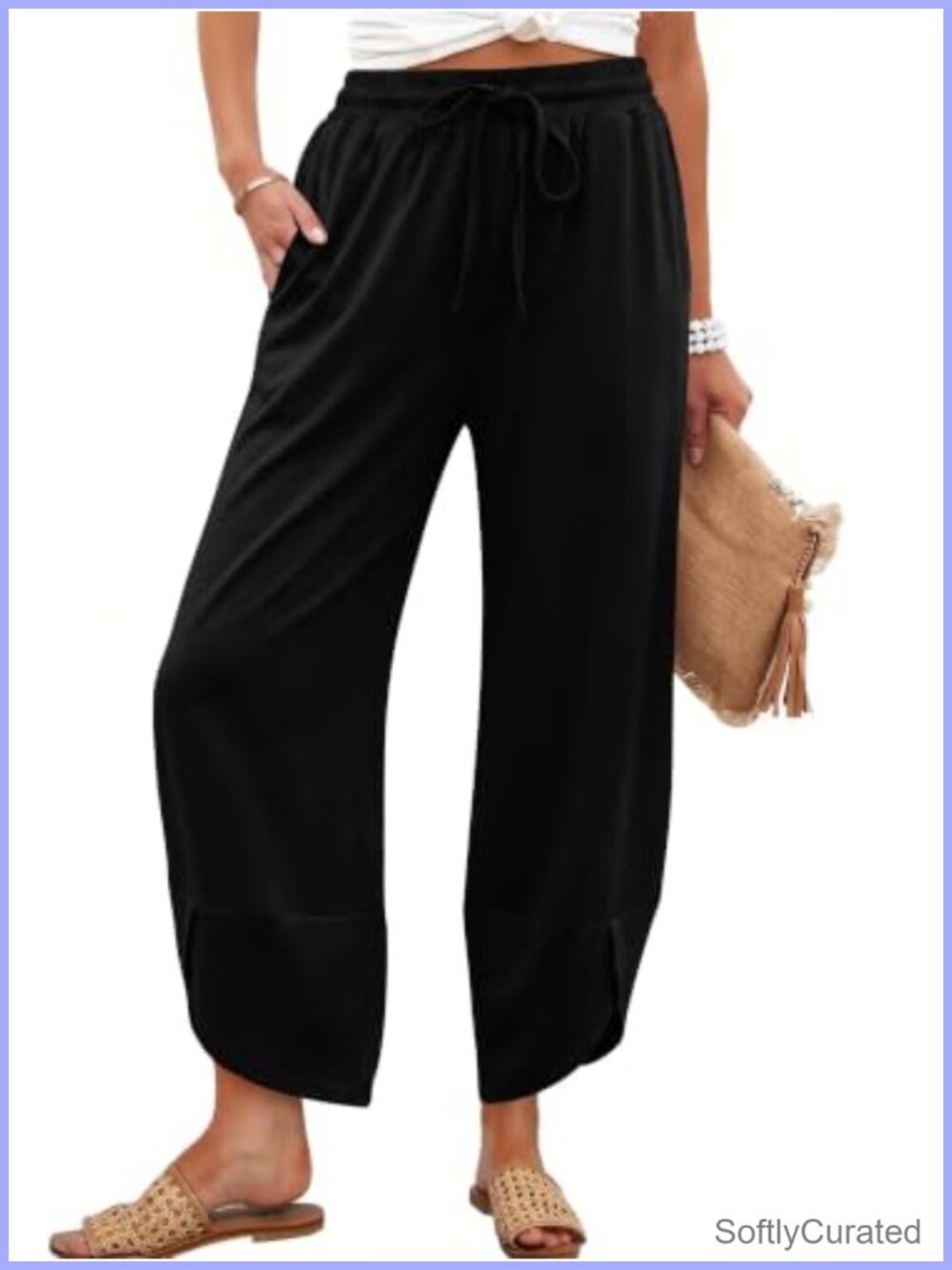 Wide Leg Barrel Pants High Waisted Cropped Beach Trousers Pockets